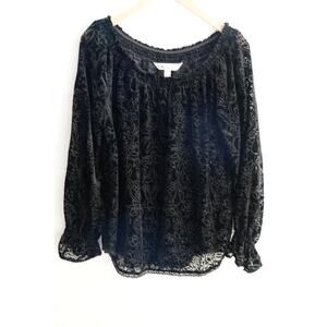 Tantrums Black Velvet Floral Burnout Off-Shoulder Top with Lace Trim Size Medium